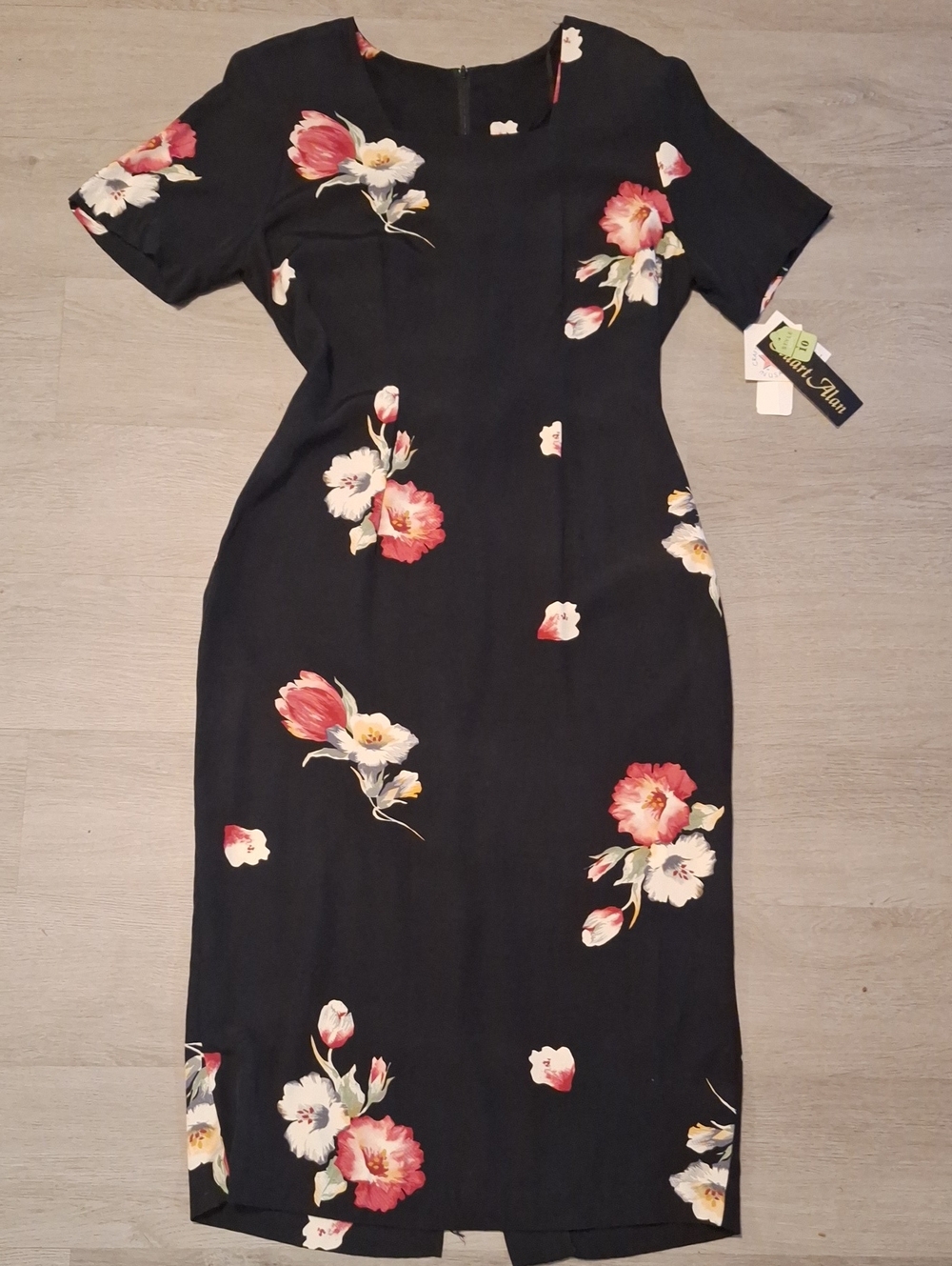 Vintage Rayon Challis Black Print Chemise Dress with Red and Cream Floral Print